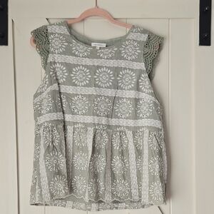 bohme Sage Green Eyelet Embroidered Crochet Sleeve Peasant Top